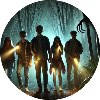 Gruppe Jugendlicher mit Taschenlampen im nebligen Wald auf Erkundungstour
