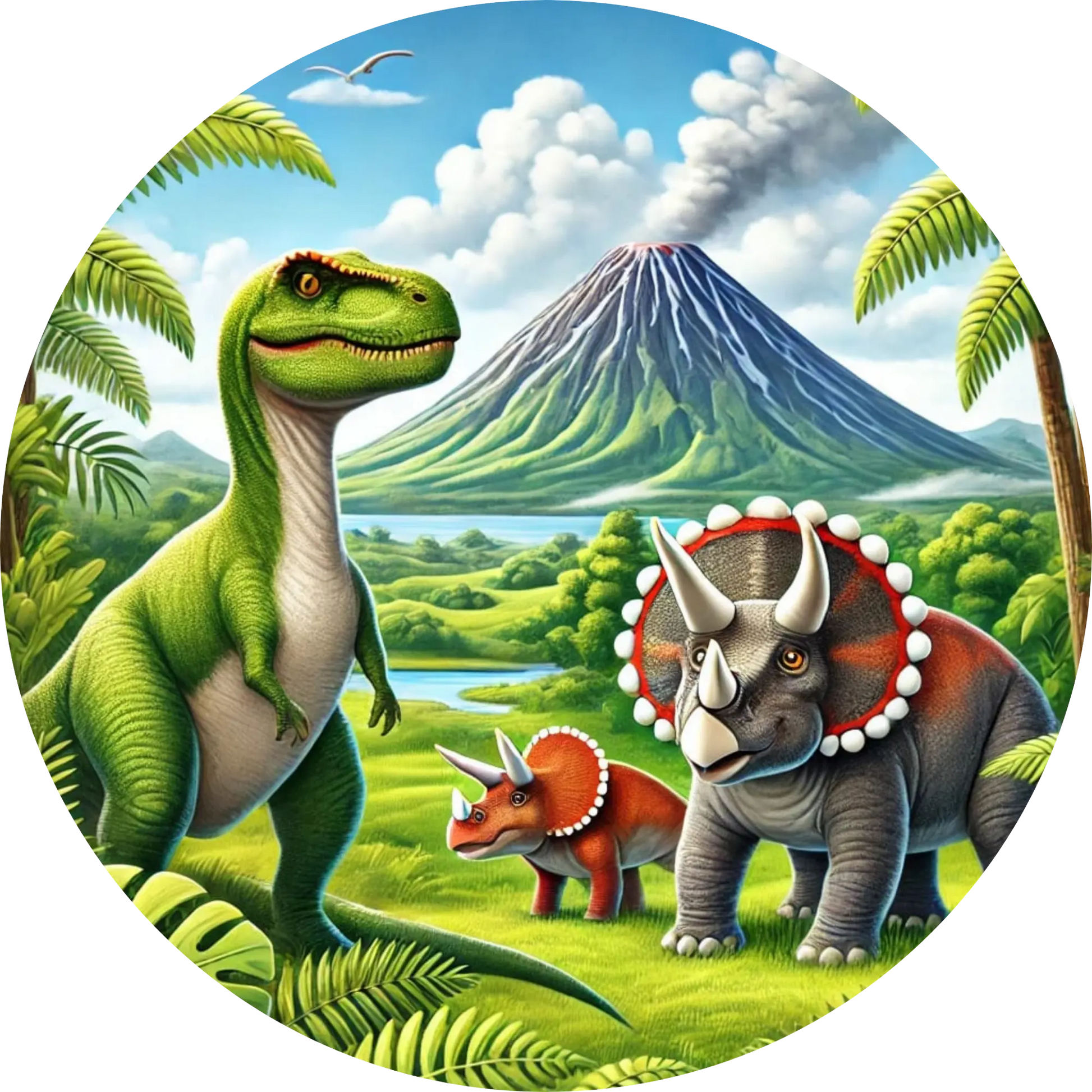Grüner Dino mit Vulkan im Hintergrund und Baby-Dino