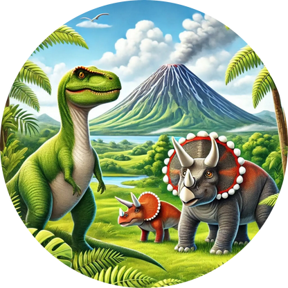 Grüner Dino mit Vulkan im Hintergrund und Baby-Dino