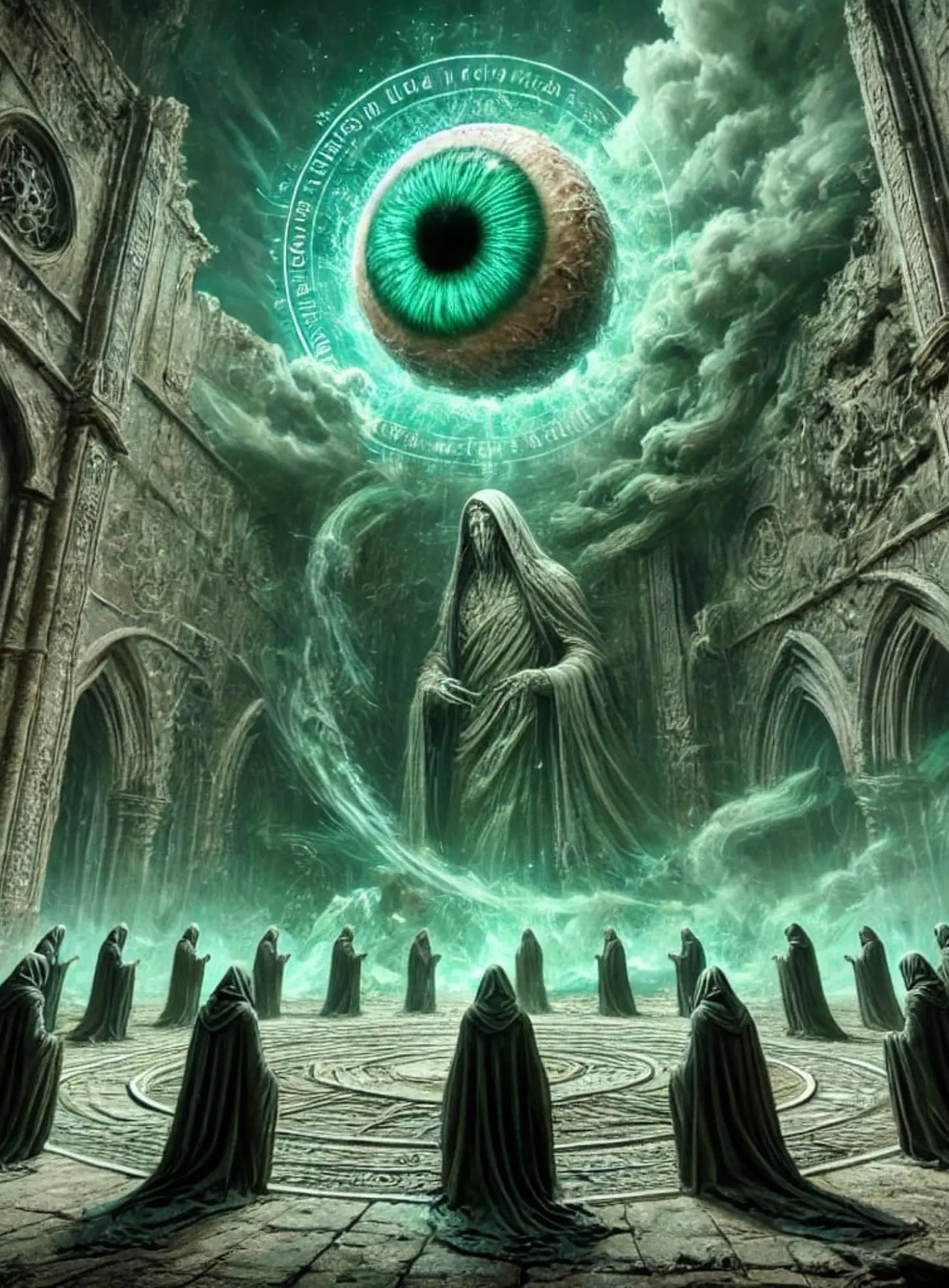 Mystisches Horrormotiv mit riesigem grün leuchtendem Auge am Himmel über einer verhüllten Gestalt, die inmitten eines dunklen, gotischen Tempels steht – umgeben von schwarzen Kuttengestalten im Kreis. Atmosphärisch, düster und geheimnisvoll.