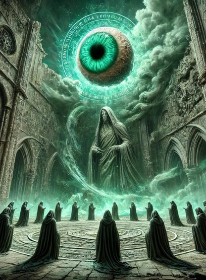 Mystisches Horrormotiv mit riesigem grün leuchtendem Auge am Himmel über einer verhüllten Gestalt, die inmitten eines dunklen, gotischen Tempels steht – umgeben von schwarzen Kuttengestalten im Kreis. Atmosphärisch, düster und geheimnisvoll.