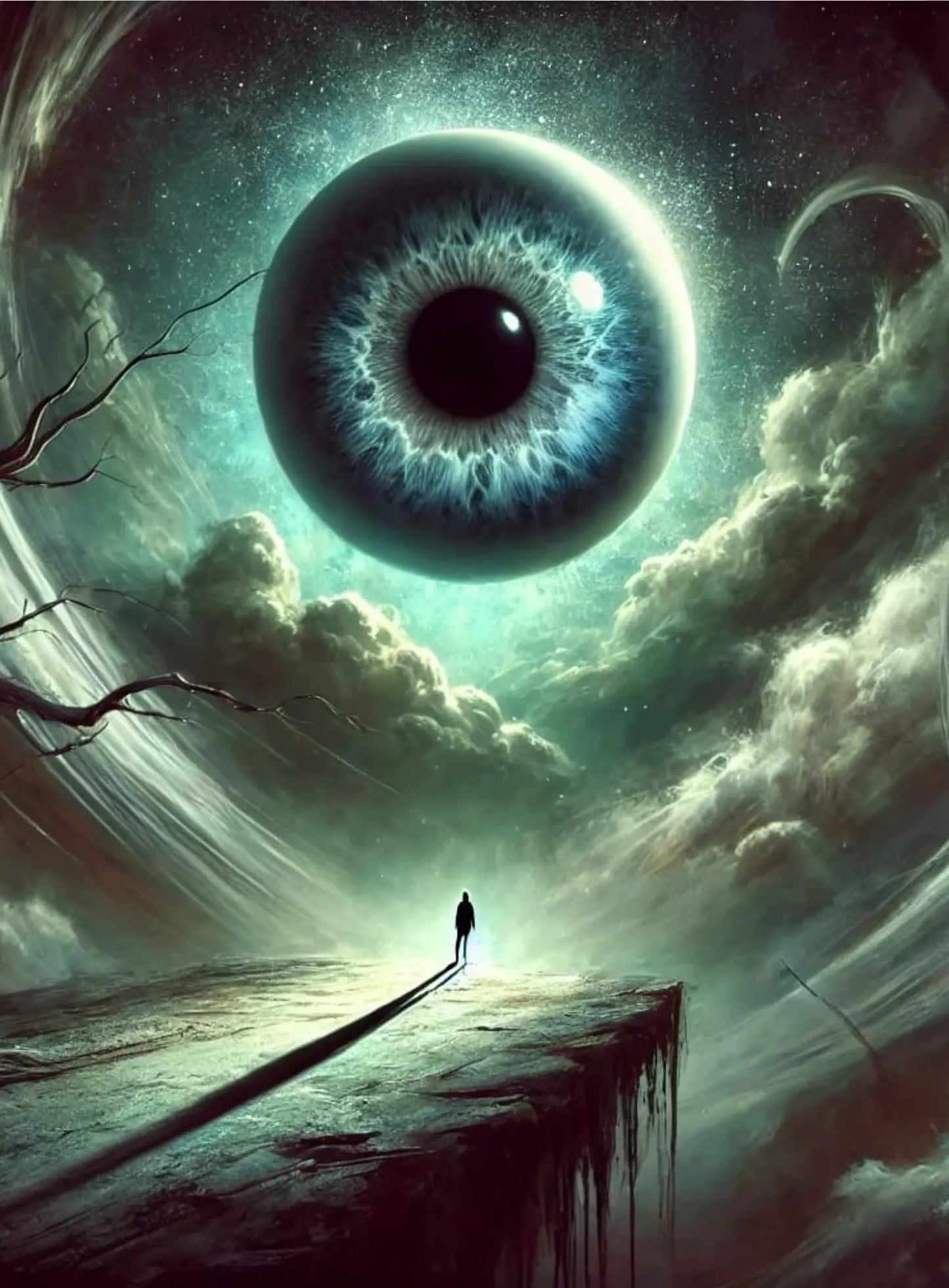 Gigantisches, leuchtend grünes Auge über einer mystischen Tempelruine. Dunkel gekleidete Gestalten in einem Kreis, als würden sie ein Ritual abhalten. Atmosphärisch und unheimlich.“