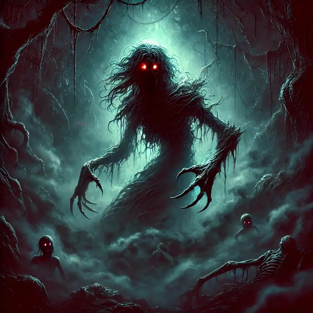 Schattige, monsterhafte Gestalt mit leuchtenden Augen tritt aus dem Nebel hervor – pure Spannung.