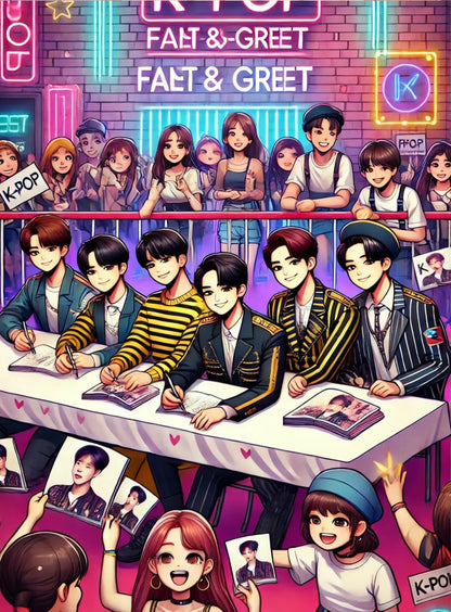 Autogrammstunde mit K-Pop Stars:
K-Pop-Idols sitzen an einem langen Tisch und geben Autogramme, während begeisterte Fans Schlange stehen – bunte, comichafte Darstellung.