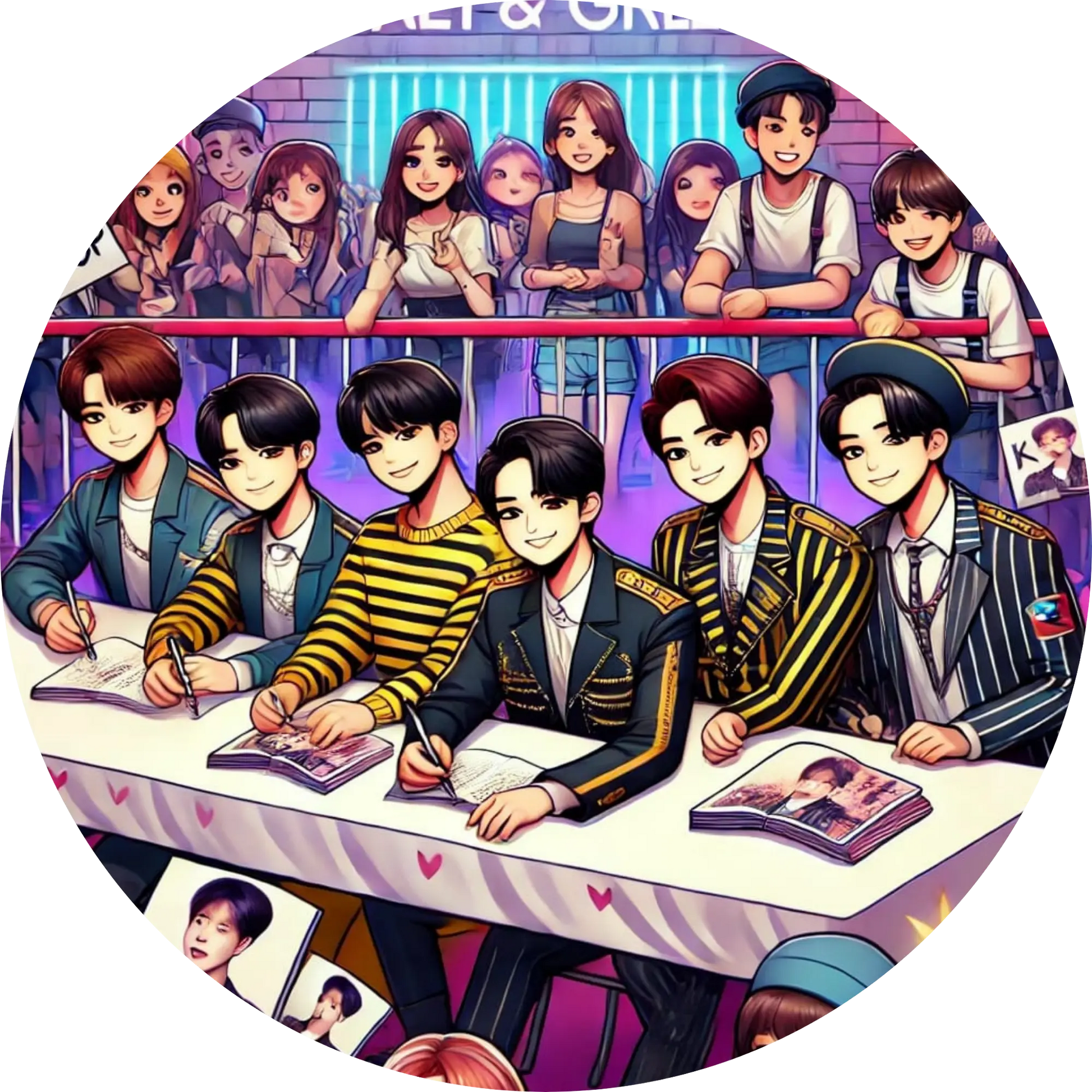  K-Pop-Idole beim Fanevent mit Unterschriften und Interaktion
