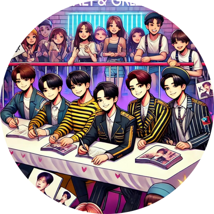  K-Pop-Idole beim Fanevent mit Unterschriften und Interaktion
