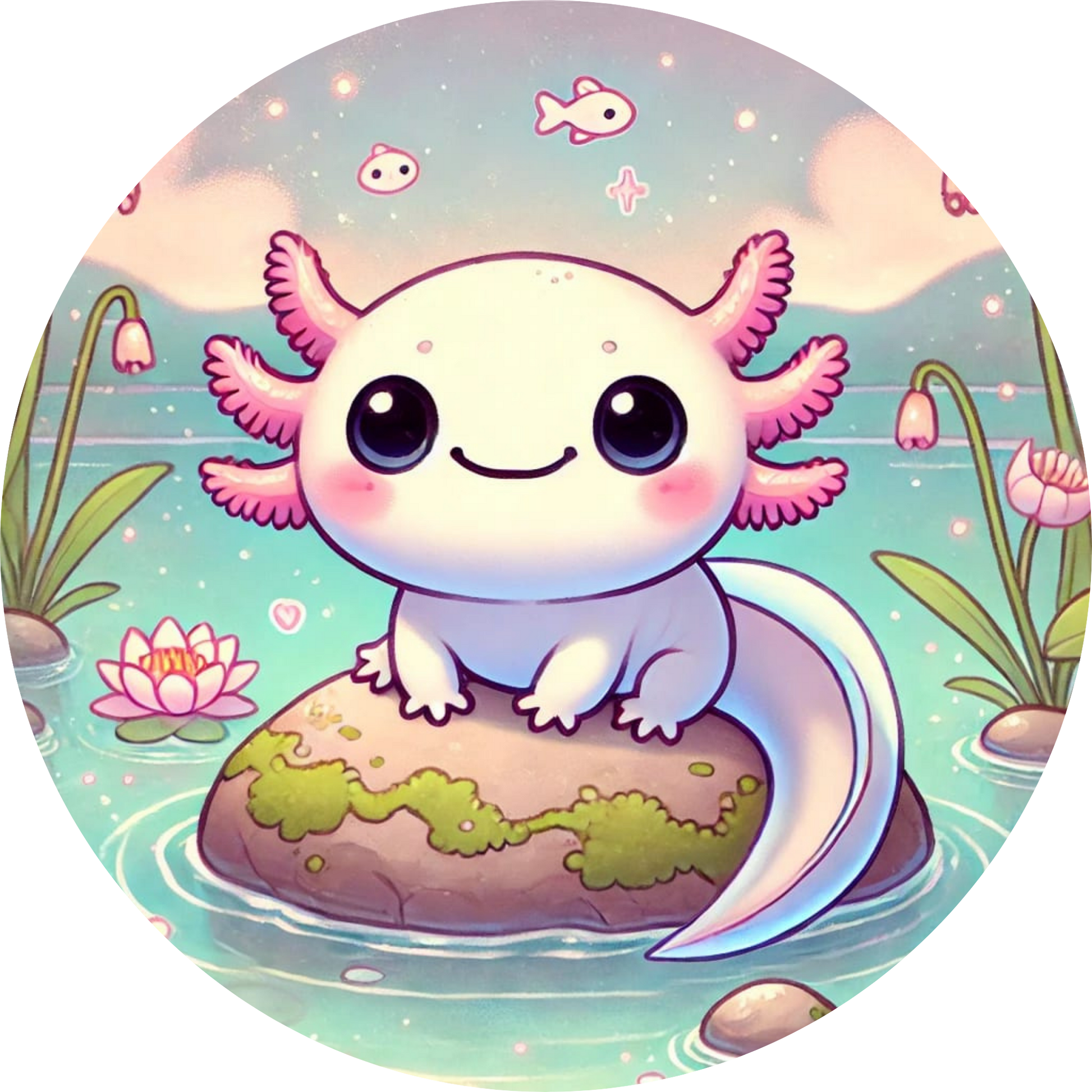 Axolotl sitzt auf einem Stein mit Moos, Regenbogenfarben im Hintergrund