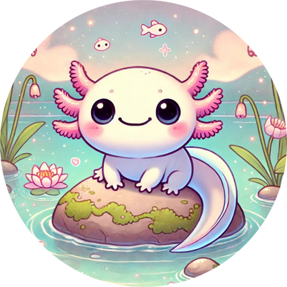 Axolotl sitzt auf einem Stein mit Moos, Regenbogenfarben im Hintergrund