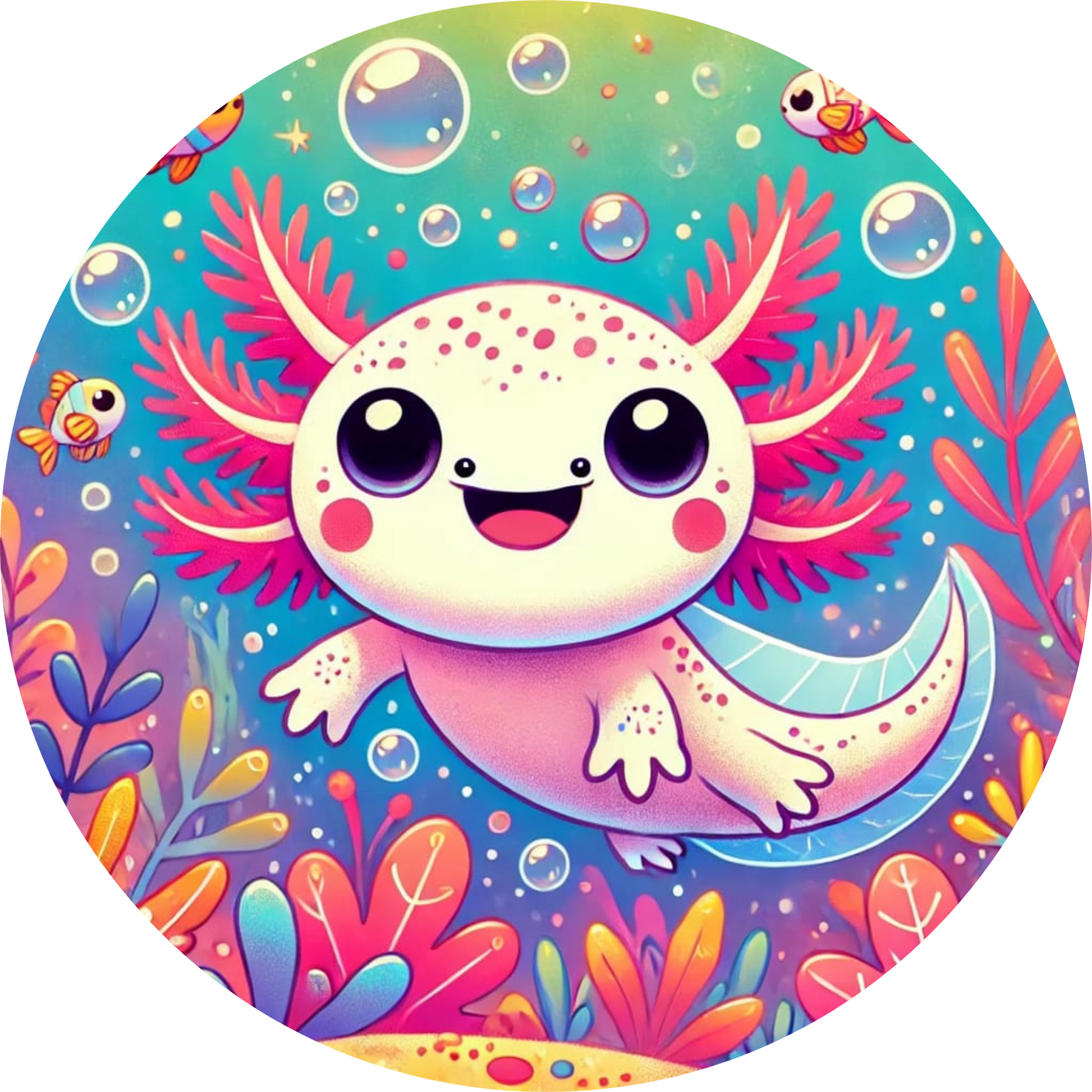 Axolotl in Zauberwelt mit leuchtenden Farben und glitzerndem Hintergrund

