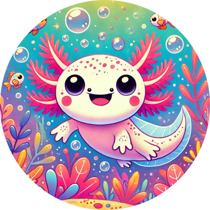 Axolotl in Zauberwelt mit leuchtenden Farben und glitzerndem Hintergrund

