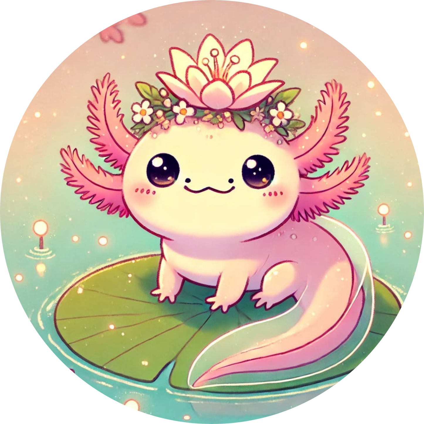 Axolotl mit Lotusblüte auf dem Kopf lächelt verträumt in zarten Farben