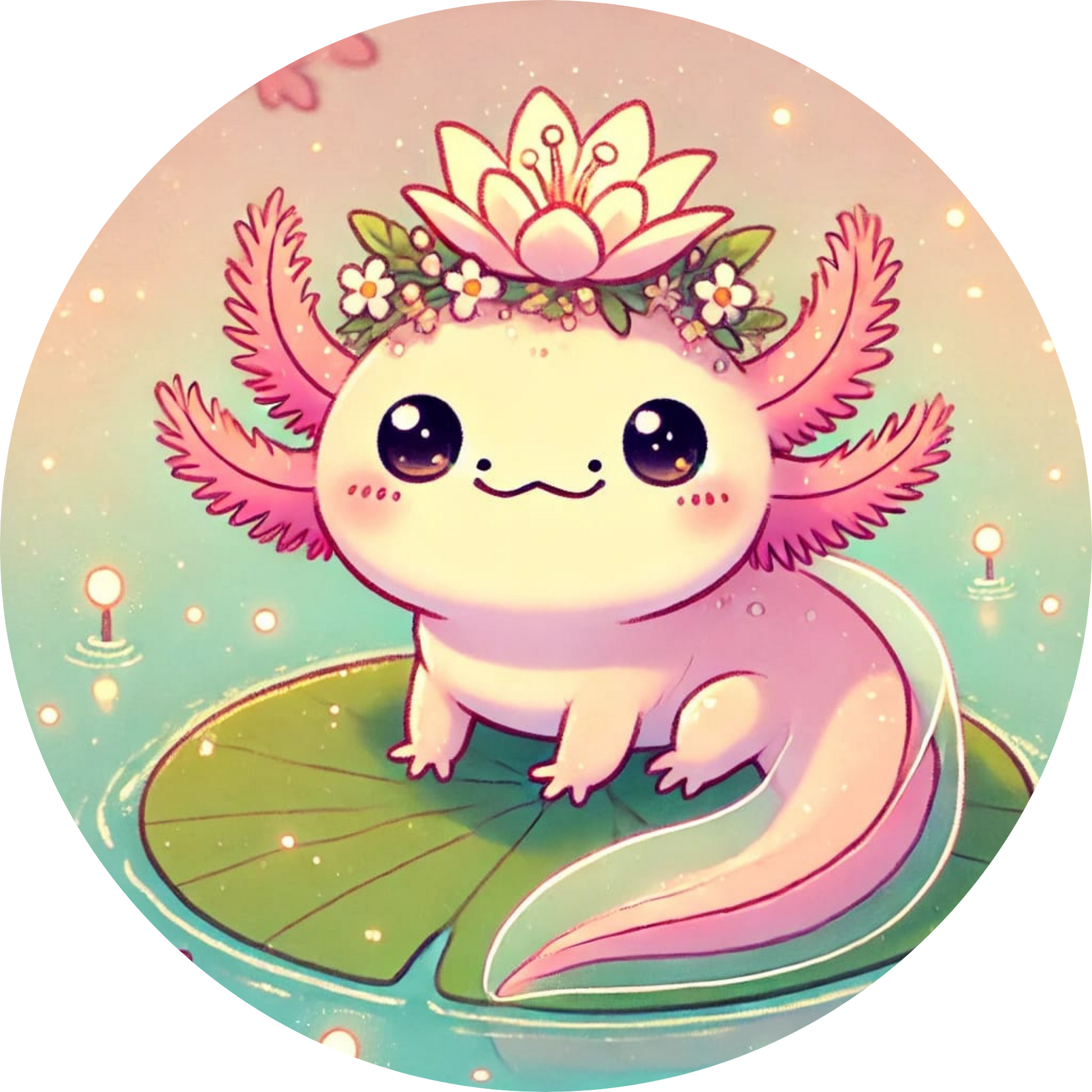 Axolotl mit Lotusblüte auf dem Kopf lächelt verträumt in zarten Farben