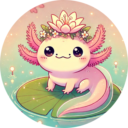 Axolotl mit Lotusblüte auf dem Kopf lächelt verträumt in zarten Farben