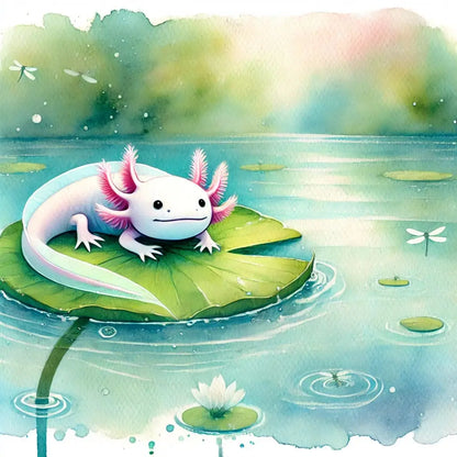 Axolotl auf Seerosenblatt mit Wassertröpfchen, zartes Licht