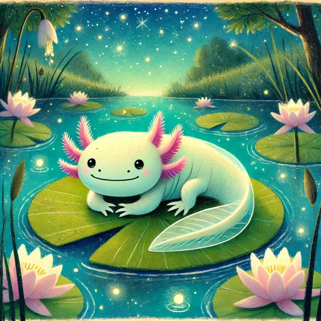 Axolotl auf Seerosenblatt im magisch leuchtenden Wasser