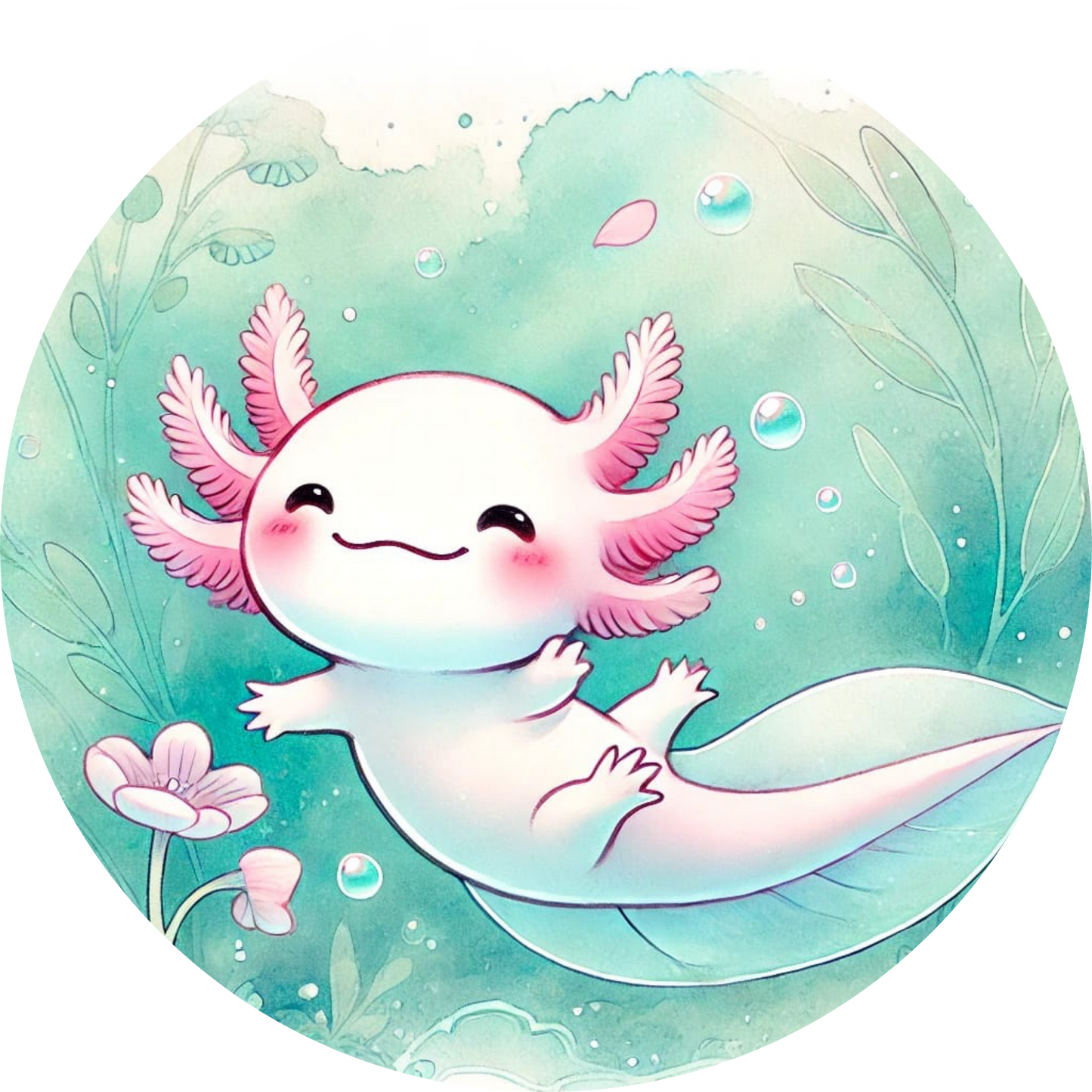 Fröhlicher Axolotl schwimmt in klarem Wasser mit Pflanzen und Blasen

Axolotl sitzt auf einem Stein mit Moos, Regenbogenfarben im Hintergrund

Lila Otterbaby mit großen Kulleraugen liegt auf funkelndem Hintergrund

Axolotl mit Lotusblüte auf dem Kopf lächelt verträumt in zarten Farben

Fröhlicher Otter paddelt mit einem Fisch in einem Boot auf dem Fluss