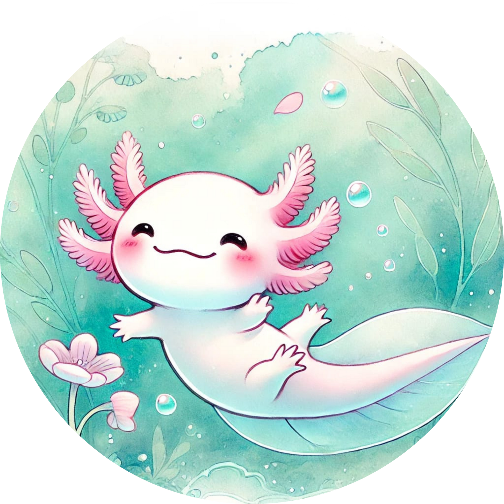 Fröhlicher Axolotl schwimmt in klarem Wasser mit Pflanzen und Blasen

Axolotl sitzt auf einem Stein mit Moos, Regenbogenfarben im Hintergrund

Lila Otterbaby mit großen Kulleraugen liegt auf funkelndem Hintergrund

Axolotl mit Lotusblüte auf dem Kopf lächelt verträumt in zarten Farben

Fröhlicher Otter paddelt mit einem Fisch in einem Boot auf dem Fluss