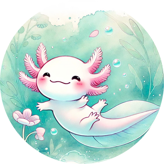 Fröhlicher Axolotl schwimmt in klarem Wasser mit Pflanzen und Blasen

Axolotl sitzt auf einem Stein mit Moos, Regenbogenfarben im Hintergrund

Lila Otterbaby mit großen Kulleraugen liegt auf funkelndem Hintergrund

Axolotl mit Lotusblüte auf dem Kopf lächelt verträumt in zarten Farben

Fröhlicher Otter paddelt mit einem Fisch in einem Boot auf dem Fluss