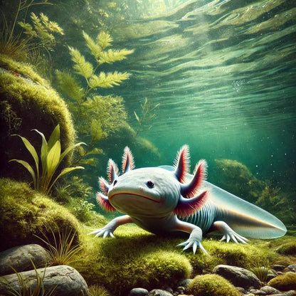 Axolotl schwimmt unter Wasser mit geheimnisvoller Beleuchtung