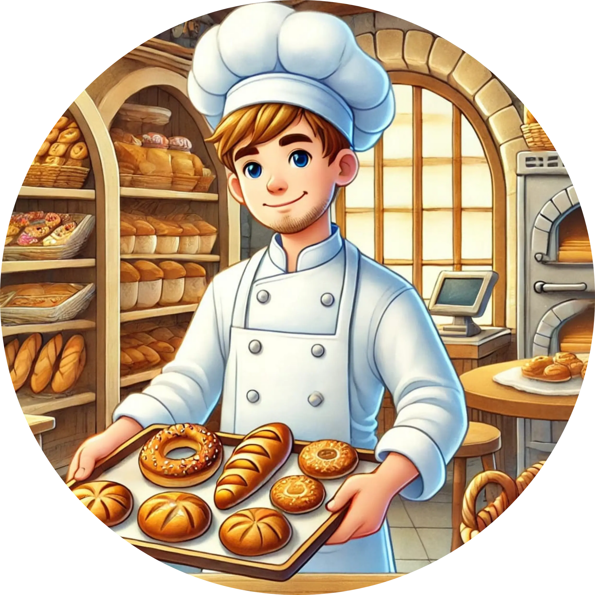 Ein junger Bäcker in traditioneller Kleidung backt frische Brezeln – Holzofen und Backstube mit Teig und Gebäck im Hintergrund.