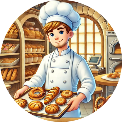 Ein junger Bäcker in traditioneller Kleidung backt frische Brezeln – Holzofen und Backstube mit Teig und Gebäck im Hintergrund.