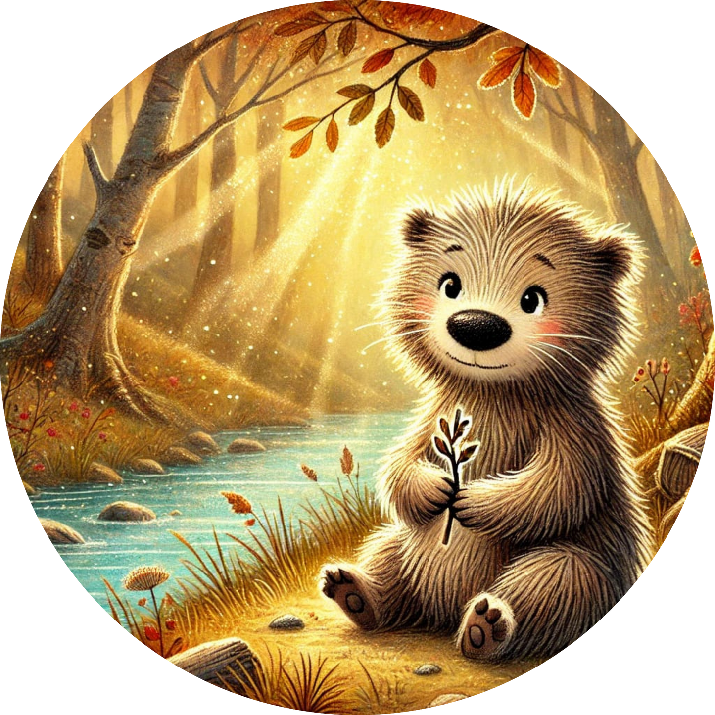 Ein Bär kuschelt sich im goldenen Licht auf einem Baumstumpf
