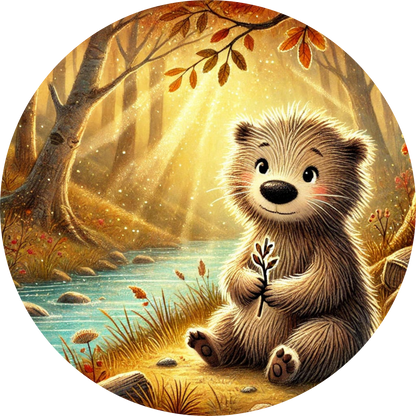 Ein Bär kuschelt sich im goldenen Licht auf einem Baumstumpf
