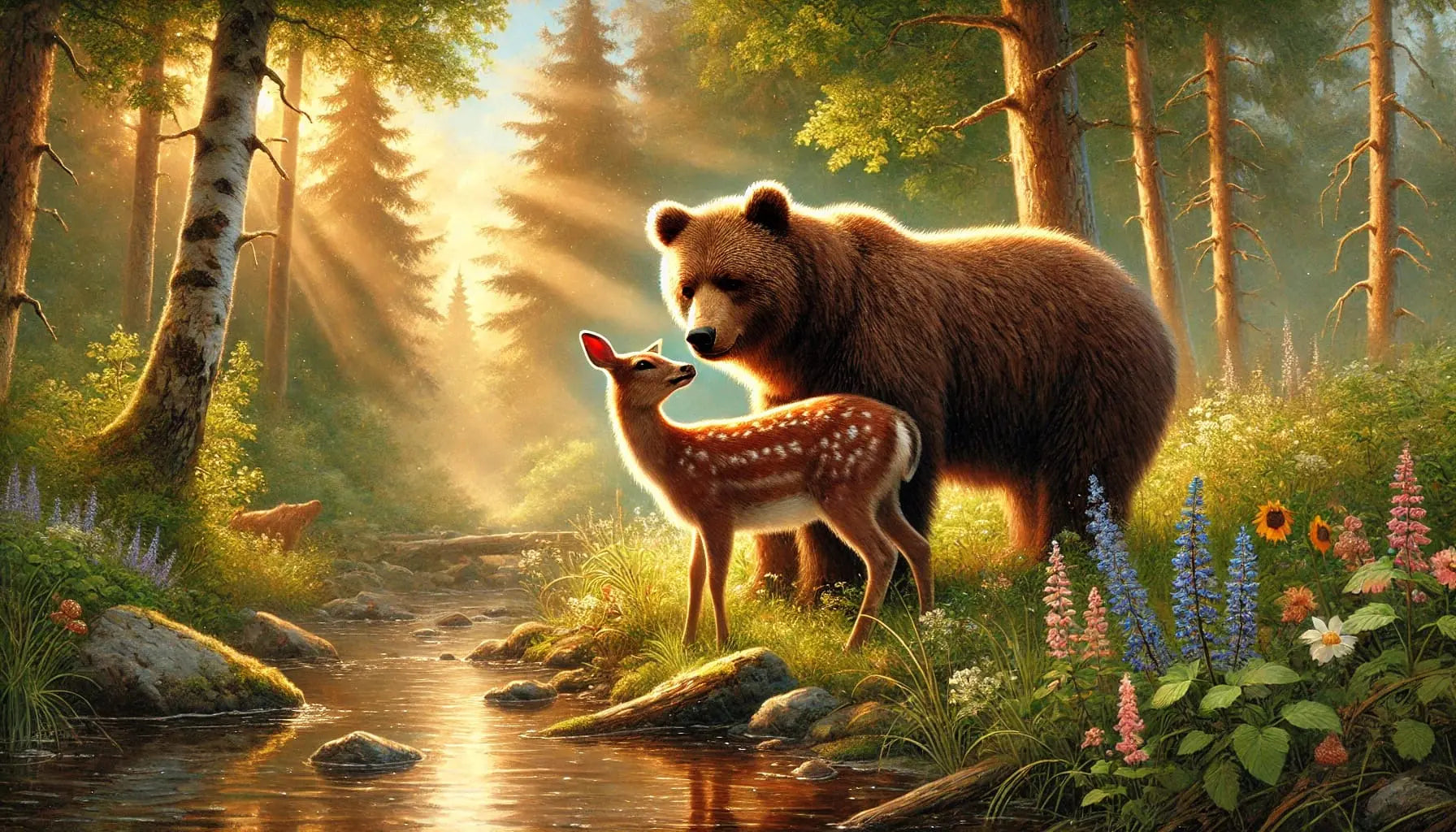 Braunbär läuft mit einem Reh durch sonnenbeschienenen Mischwald.