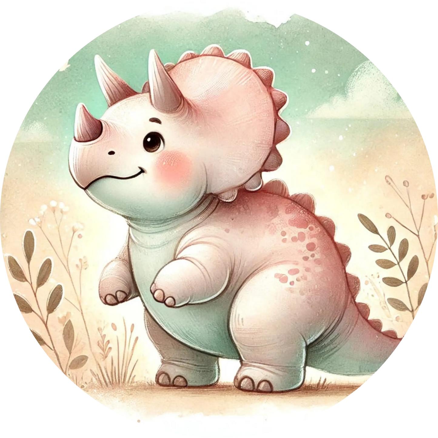 Weißer Baby-Dino mit rosa Schuppen und lächelndem Blick