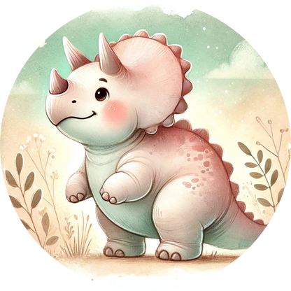 Weißer Baby-Dino mit rosa Schuppen und lächelndem Blick