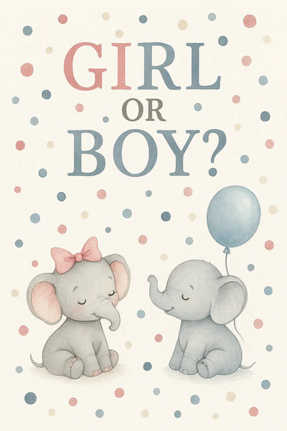Zwei niedliche Babyelefanten vor gepunktetem Hintergrund – links mit rosa Schleife (Mädchen), rechts mit blauem Ballon (Junge); darüber der Schriftzug „Girl or Boy?“.