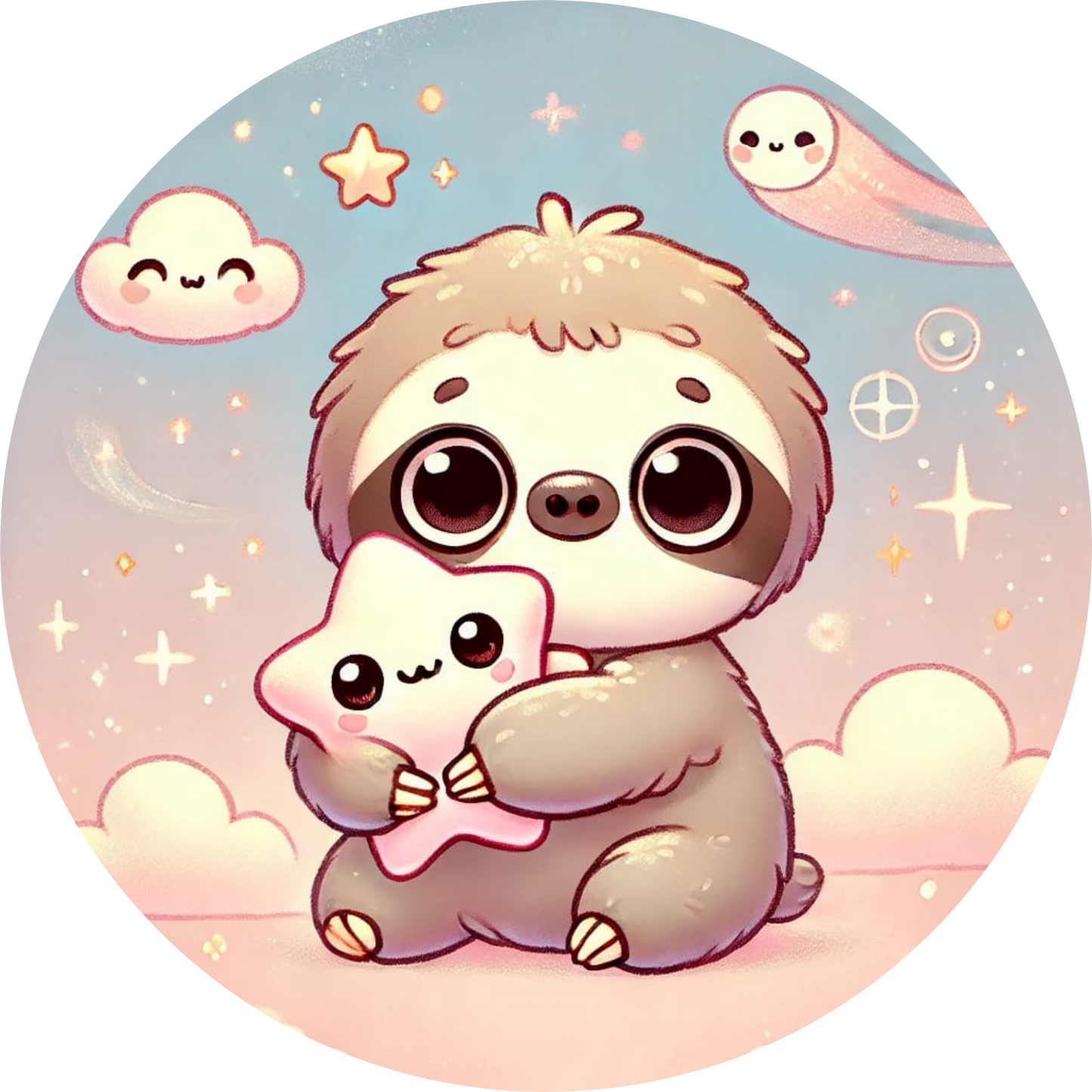 Baby-Faultier umarmt ein Kuscheltier unter einem süßen Himmel
