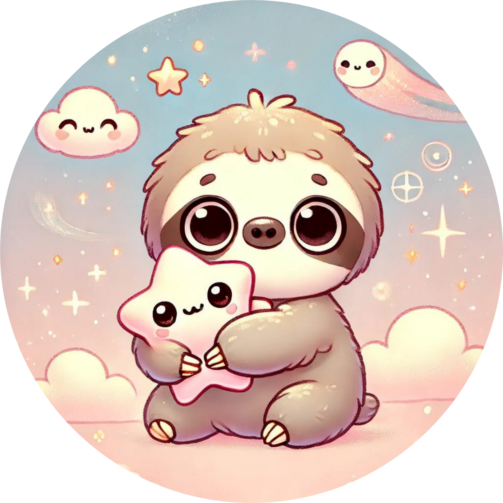 Baby-Faultier umarmt ein Kuscheltier unter einem süßen Himmel
