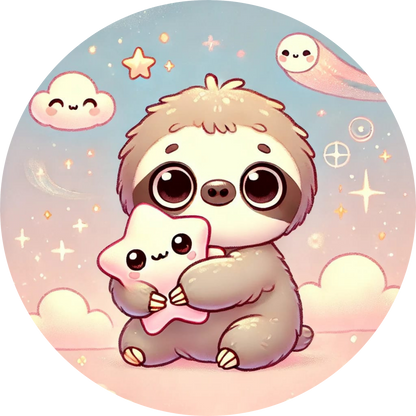 Baby-Faultier umarmt ein Kuscheltier unter einem süßen Himmel
