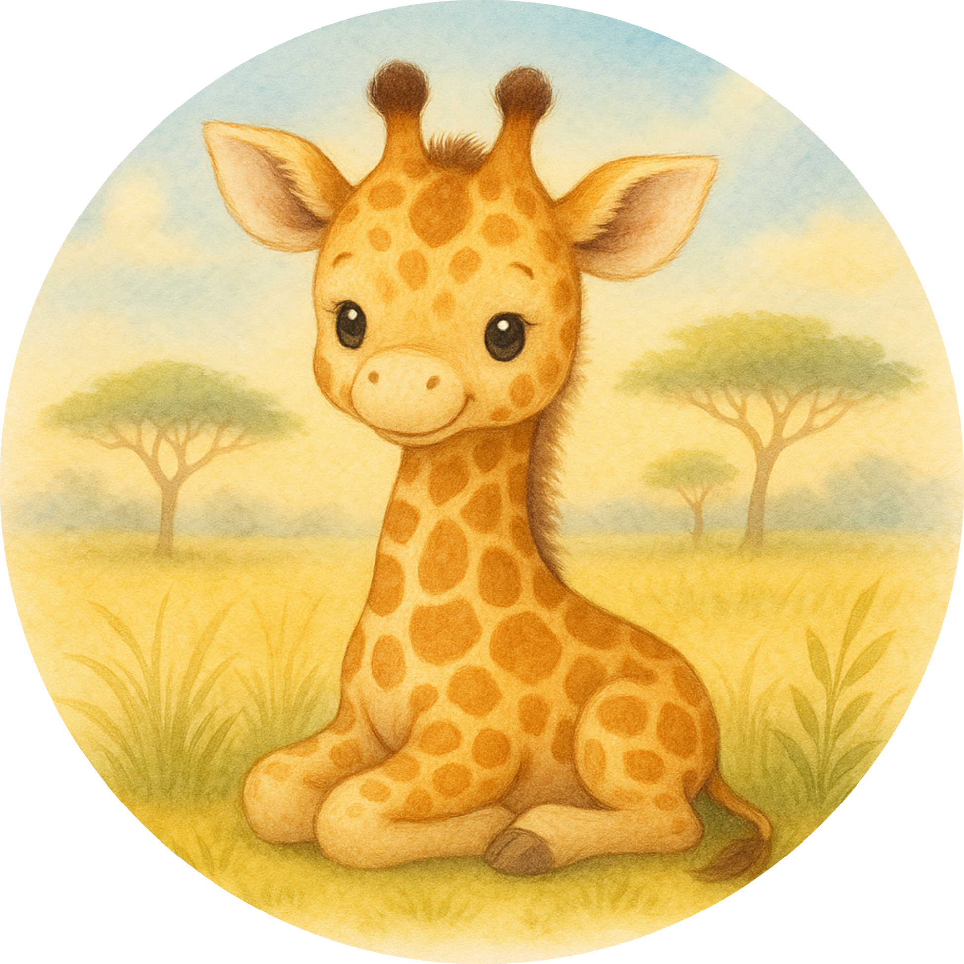 Baby-Giraffe mit großen Augen auf heller Savanne