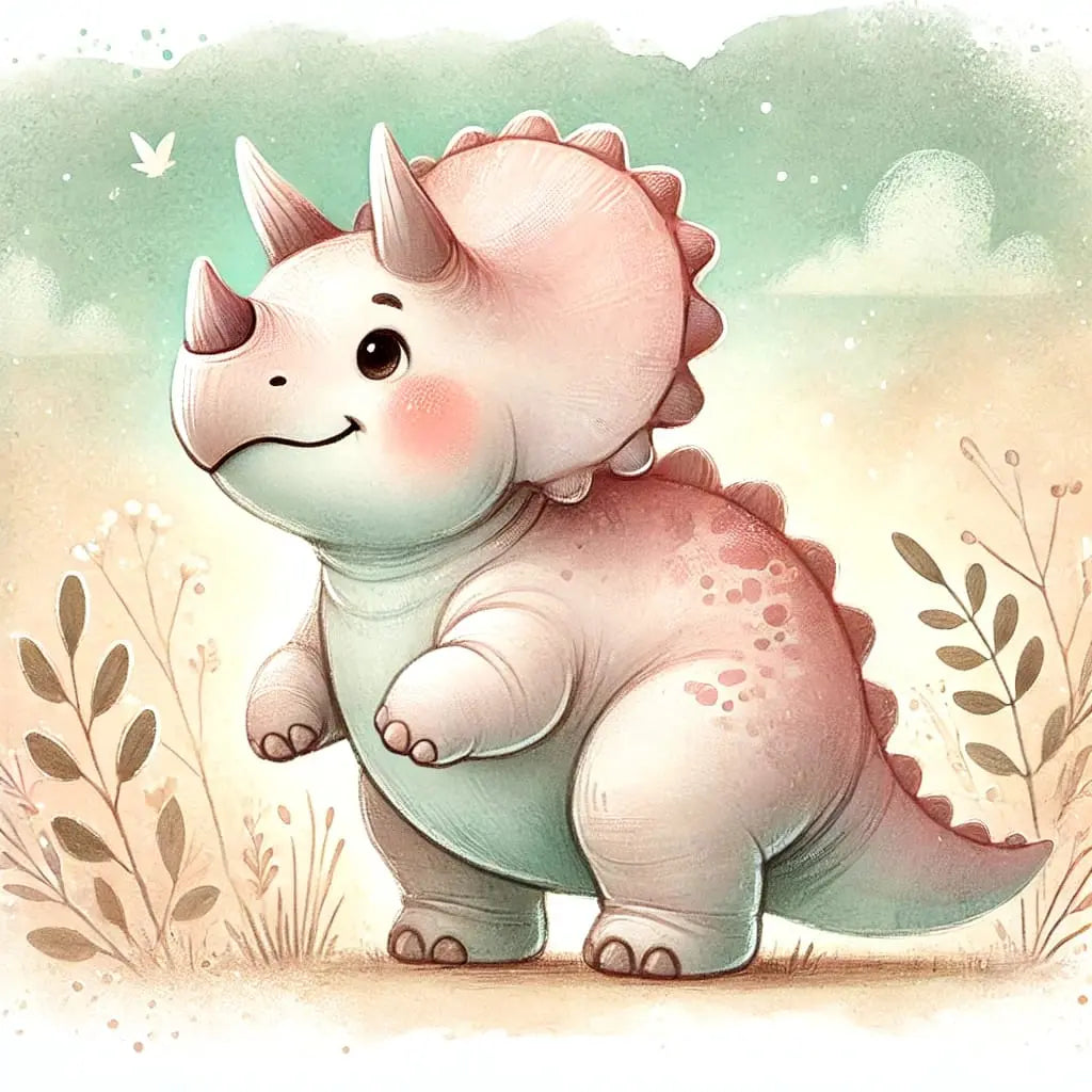 Niedlicher Baby-Triceratops mit rosa Schuppen und Blumenhintergrund