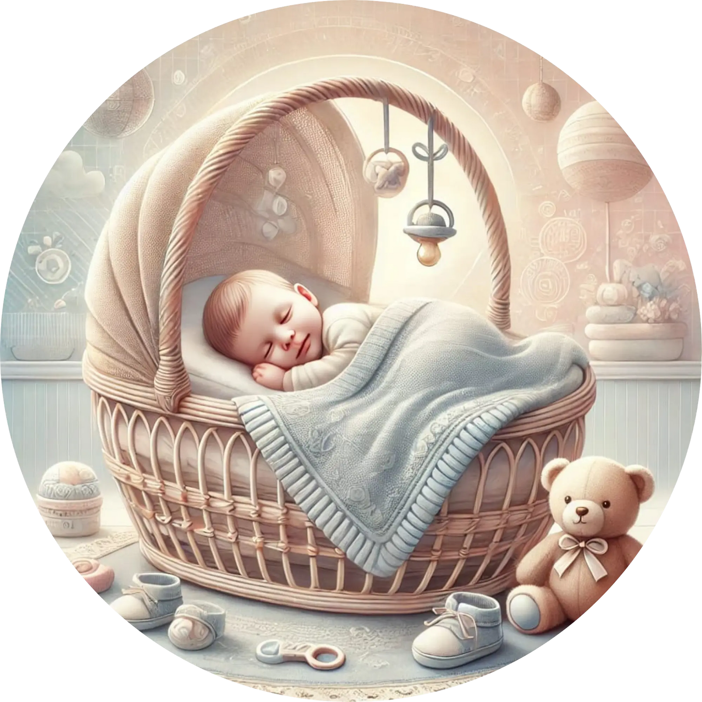 Schlafendes Baby in Weidenkorb mit Kuscheltier – zartes Neugeborenen-Motiv
