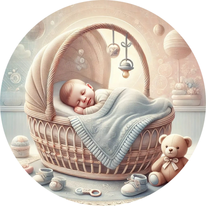 Schlafendes Baby in Weidenkorb mit Kuscheltier – zartes Neugeborenen-Motiv
