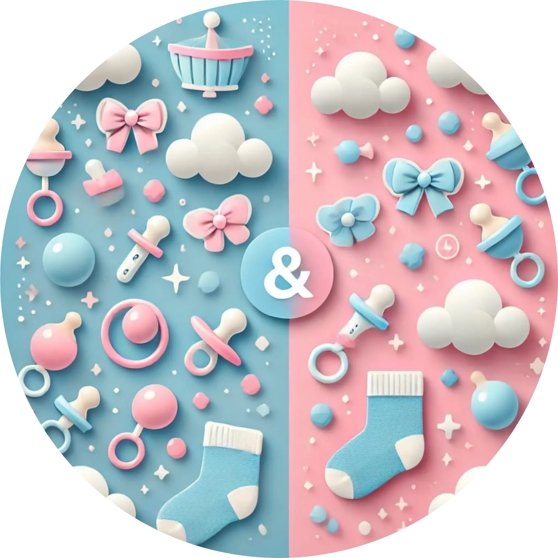  Rosa und blaue Babyartikel auf geteiltem Hintergrund – liebevolles Gender Reveal Design