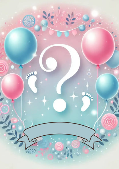 Verspieltes Design mit rosa-blauen Luftballons, Fragezeichen, Babyfüßchen und floralen Elementen – ideal für Gender Reveal oder Baby-Party.