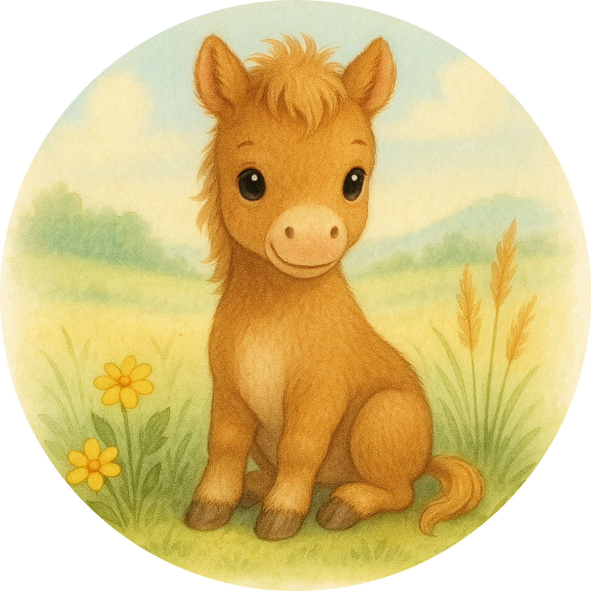 Babypony mit blonder Mähne sitzt auf der Wiese