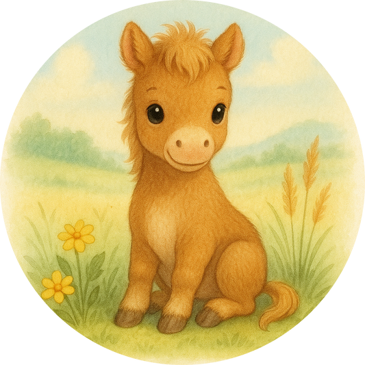 Babypony mit blonder Mähne sitzt auf der Wiese