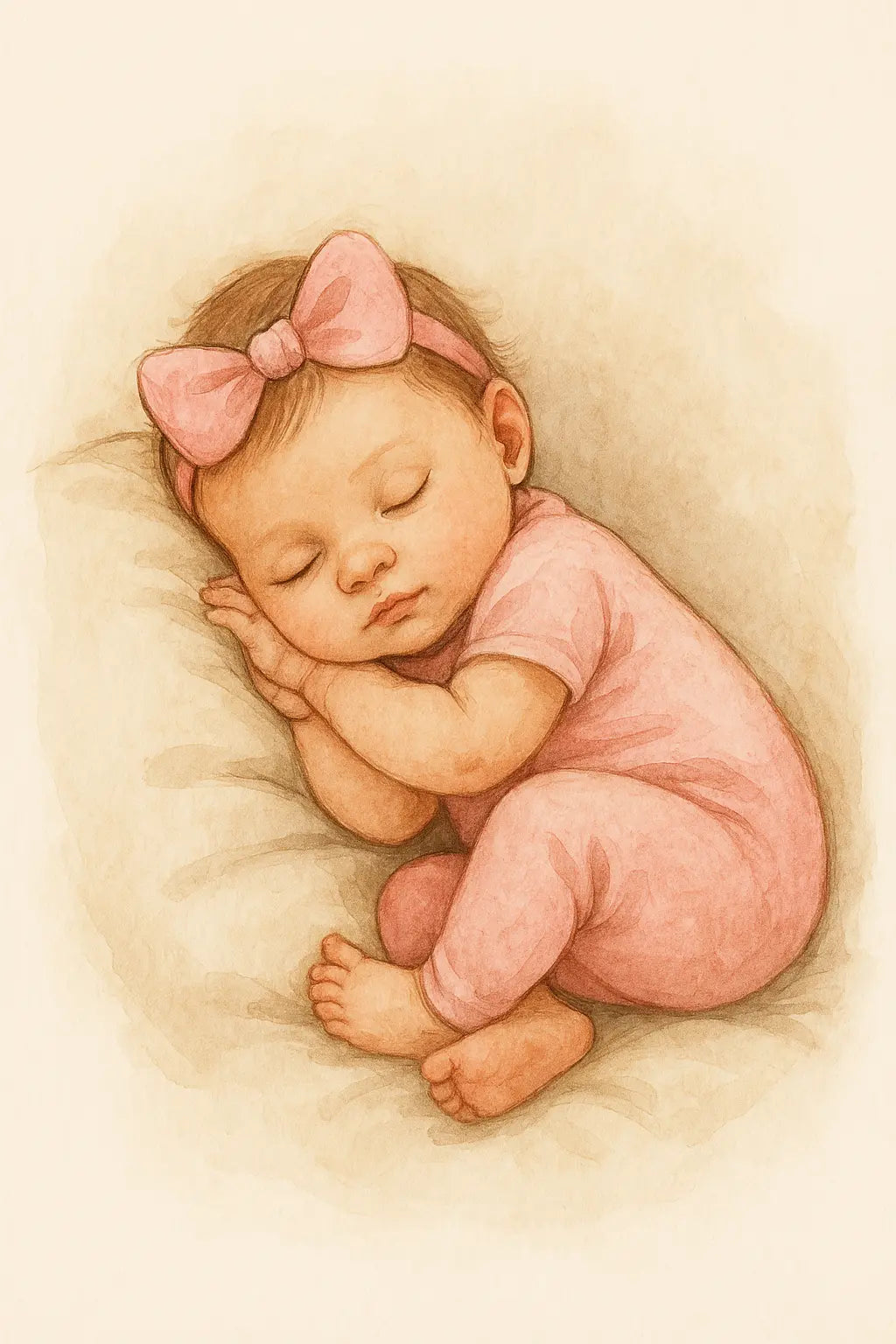 Wunderschönes Aquarellbild mit niedlichem Baby in rosa Strampler und Schleife – ideal für Mädchenmotive
