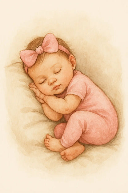 Wunderschönes Aquarellbild mit niedlichem Baby in rosa Strampler und Schleife – ideal für Mädchenmotive