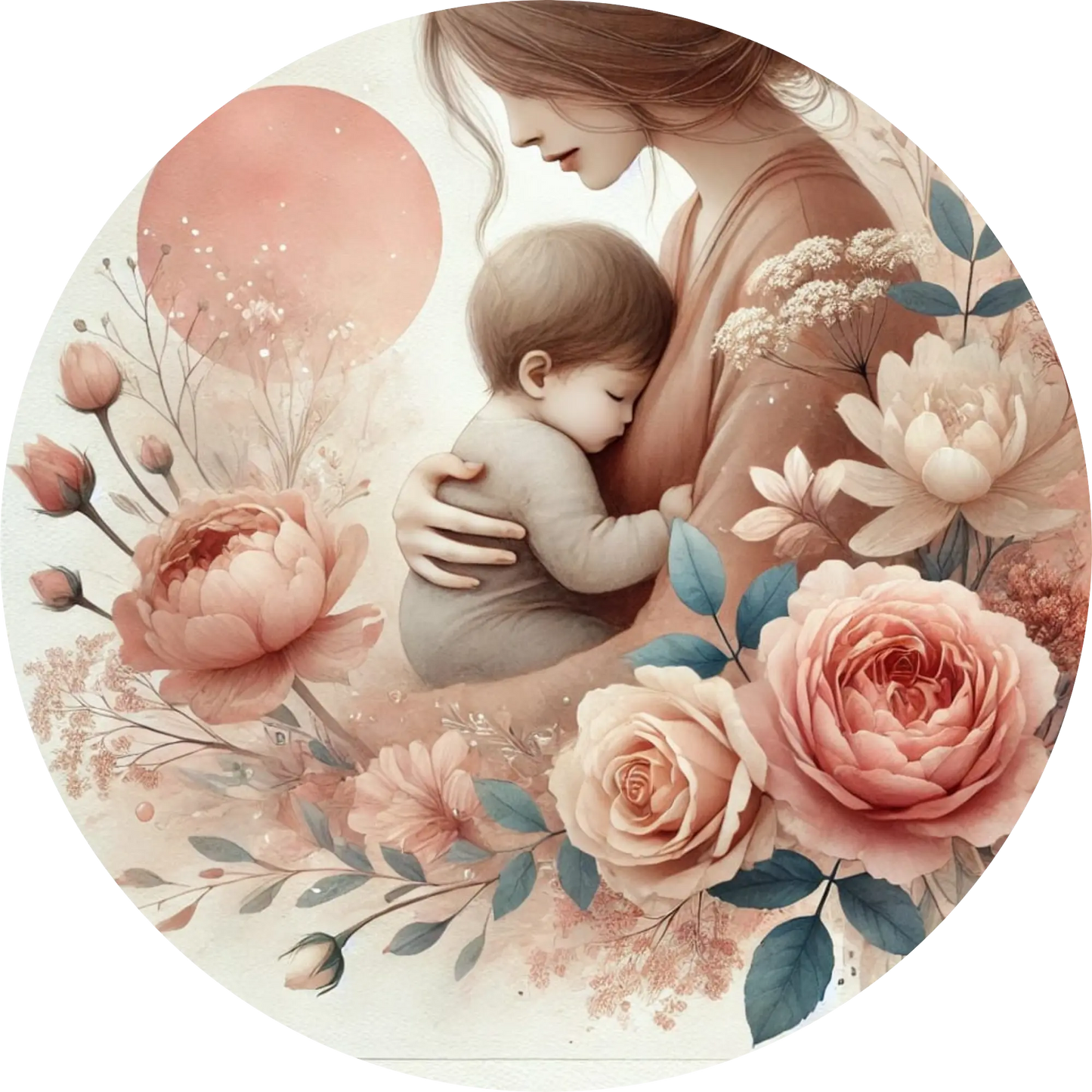 Rundes florales Design mit Engelsfigur, Rosen und einem schlafenden Baby.