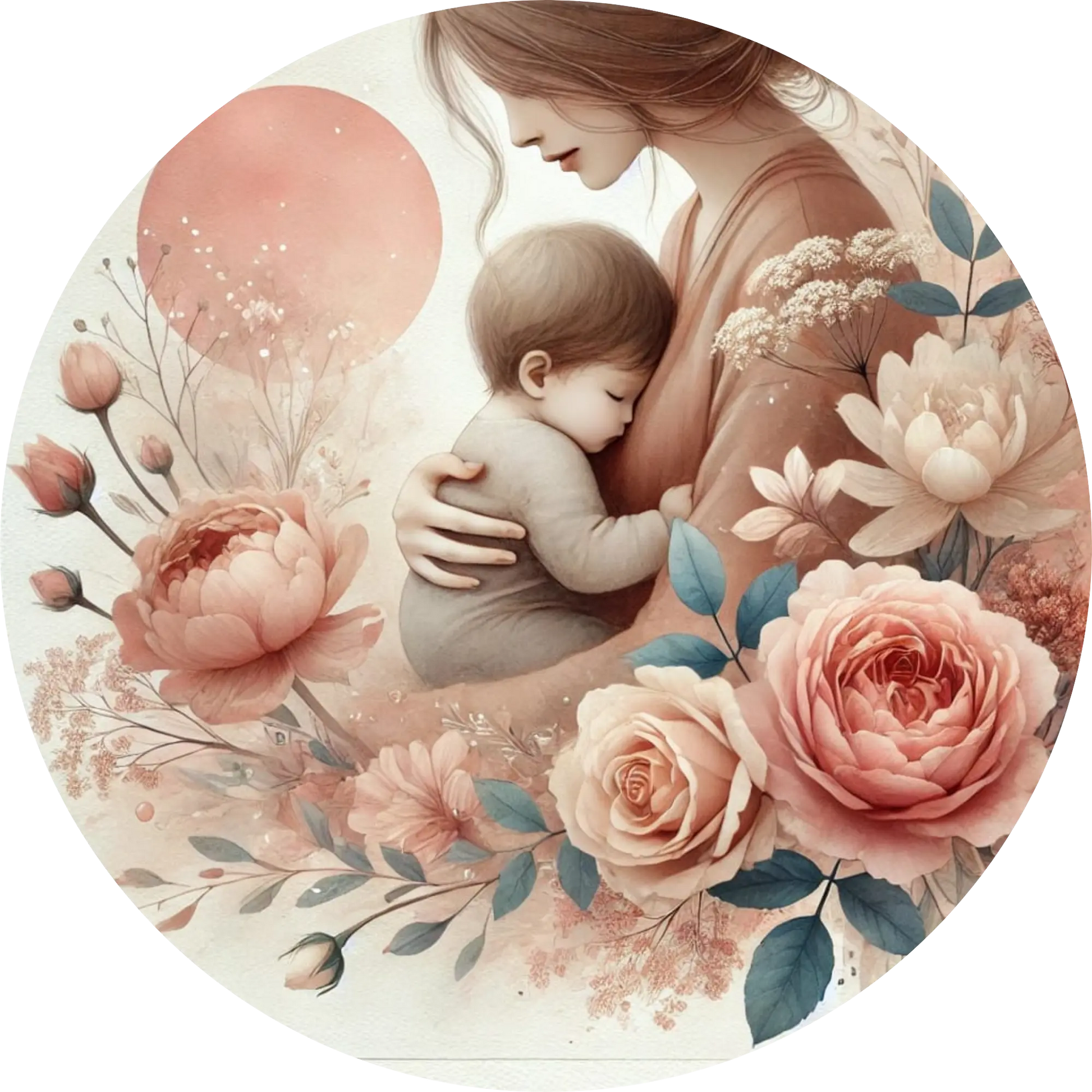 Rundes florales Design mit Engelsfigur, Rosen und einem schlafenden Baby.