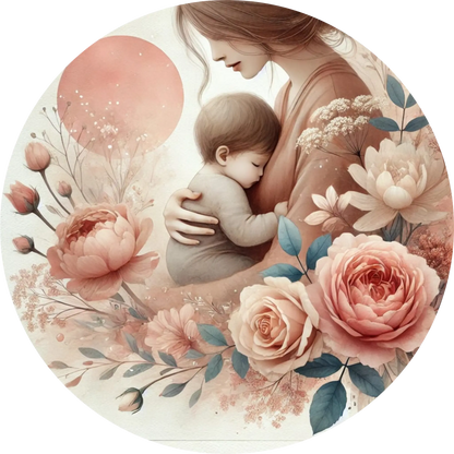 Rundes florales Design mit Engelsfigur, Rosen und einem schlafenden Baby.