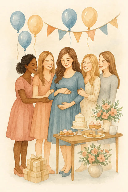 Illustration einer Babyshower – fünf Frauen feiern gemeinsam die Schwangerschaft mit Geschenken, Kuchen und Deko.