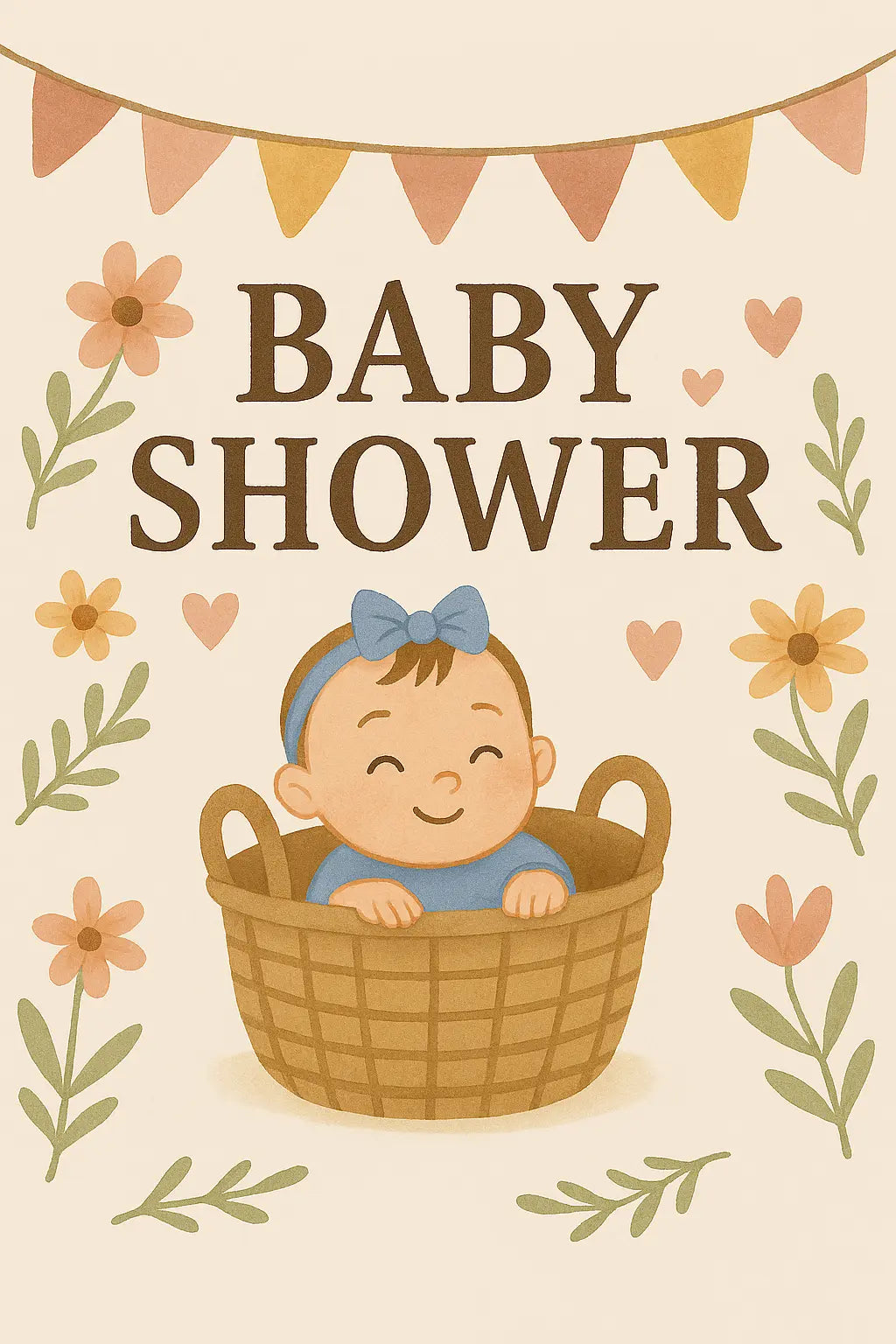 Illustration einer Einladung zur Babyparty für einen Jungen – mit lächelndem Baby im Korb