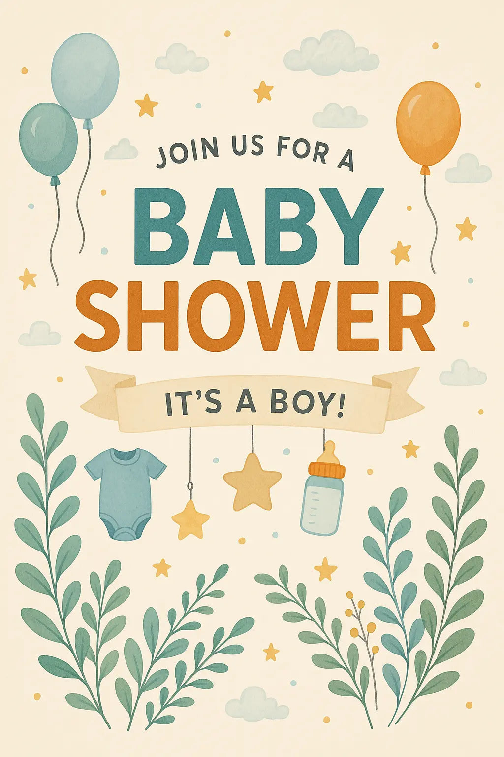 Illustration einer Einladung zur Babyshower für einen Jungen – mit Fläschchen, Sternen und Ballons